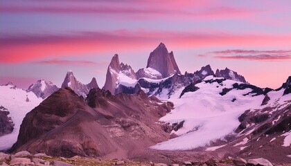 snow covered mountain peaks and glacier under a pink sky el chalten patagonia argentina
