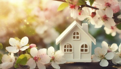 white toy house and cherry flowers spring abstract natural background concept of mortgage construction rental family and property eco home spring season copy space