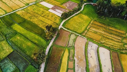 drone shot of rice fields top view agriculture aerial view fictional landscape made with generative ai