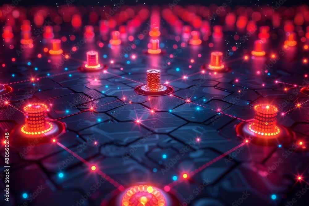 Poster abstract representation of a network with connecting nodes and data exchange, conveying concepts of 