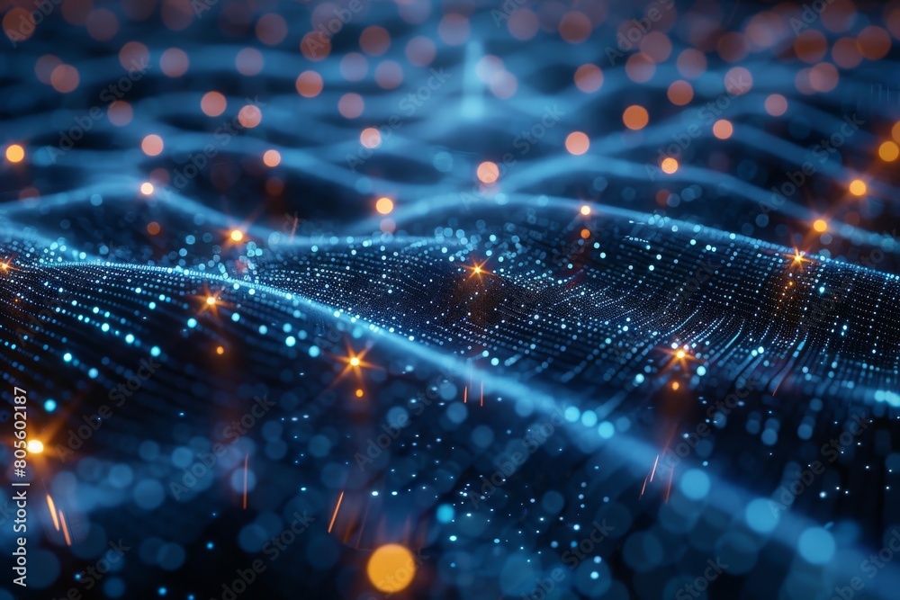 Poster a dynamic wave pattern with digital particles representing data flow, communication, and futuristic 