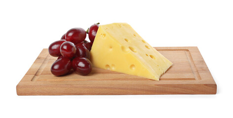 Piece of delicious cheese and grapes isolated on white