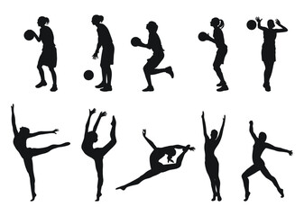 Single silhouettes of women's sports. Basketball, gymnastics. Isolated vector