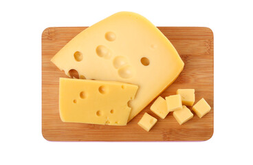 Cut fresh delicious cheese isolated on white, top view