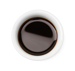 Tasty soy sauce in bowl isolated on white, top view