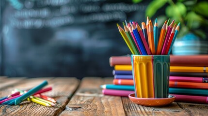 books, colored pencils, and a blackboard on a table with a blurred background, perfect for an international school teachers day banner with space for text