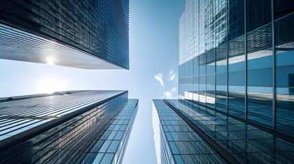 business and financial skyscraper buildings concept.Low angle view and lens flare of skyscrapers modern office building city in business center with blue sky