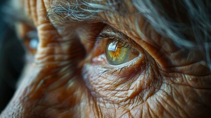 portrait details, a detailed artwork: a close-up of an elderly womans eye and gray hair, highlighting the intricacies of her eyelashes and wispy strands