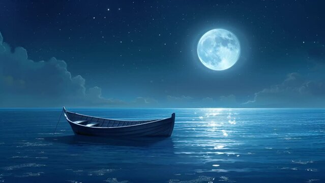 Wooden boats, create calm relaxation, with the beauty of the moon; 4k virtual video animation.