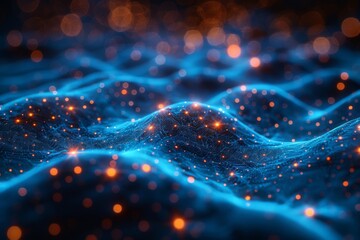 Blue waves with glowing dots and lines create a dynamic representation of network data flow or digital communication channels