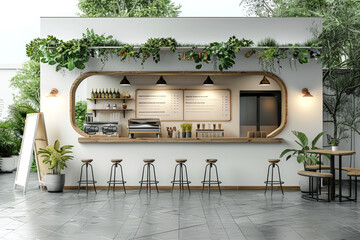 Modern cafe interior with lush greenery and natural wood tones, suitable for design and lifestyle themes.
