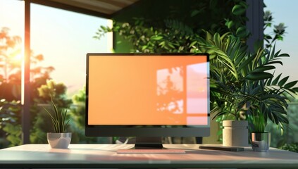 Fototapeta premium Modern office space with an iMac on the desk, featuring a blurred background of green plants and sunlight streaming through large windows.