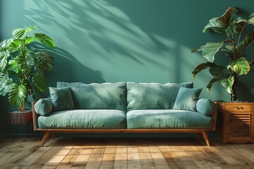 Modern teal velvet couch in a simplistic yet luxurious living space decorated with green plants and vintage wood furniture