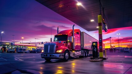 A semi truck parked at a gas station, refueling at one of the pumps with other vehicles in the background