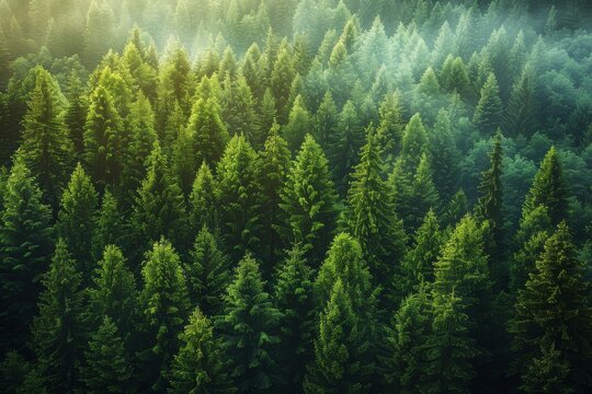 Sunlight beams through the mist in an enchanting view of a lush green pine forest