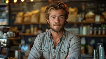 Fototapeta premium Man Sitting at Bar With Arms Crossed