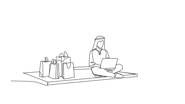 Animation of one line drawing of single one line drawing happy Arabian man sitting on giant laptop typing on laptop. Bought a lot from online shop. Give a review of 5 stars. Full length motion