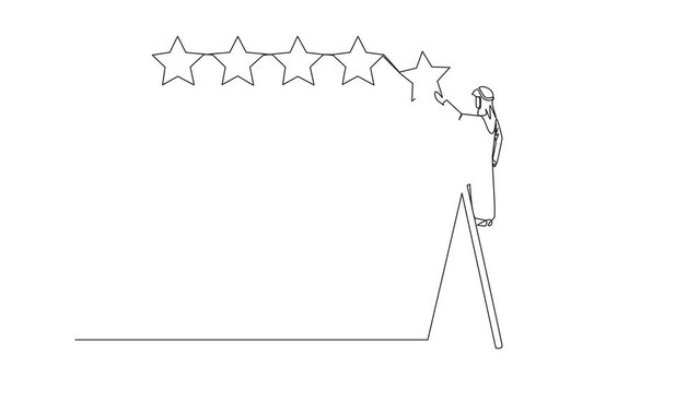 Animated self drawing of single continuous line drawing Arabian man climbs a ladder carrying 1 star, making it 5 stars in a row. Good recommendation to the seller. Full length single line animation