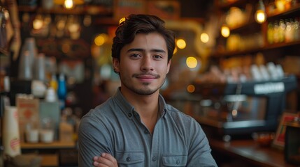 Fototapeta premium Man Standing in Front of a Bar