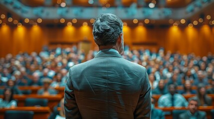 Obraz premium Man Sitting In Front Of Packed Auditorium