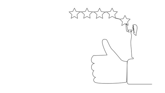Animated self drawing of single continuous line drawing young happy smiling woman standing on the thumbs up wants to attach the stars to form 5 stars in a row. Give review. Animated self drawing of