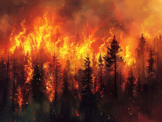 A forest fire, depicted with intense and vivid imagery. The scene shows towering flames engulfing trees in a dense forest. Thick smoke rises, blending with the orange and red hues of the fire, creatin