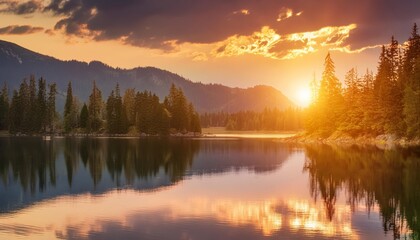 Sunset glow over serene mountain lake
