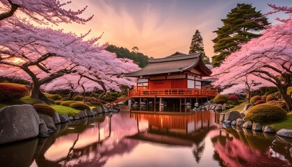 Serene japanese temple at cherry blossom dusk