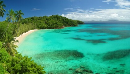 Obraz premium Tranquil tropical paradise beach panorama with turquoise water. Lush greenery. And clear scenic view