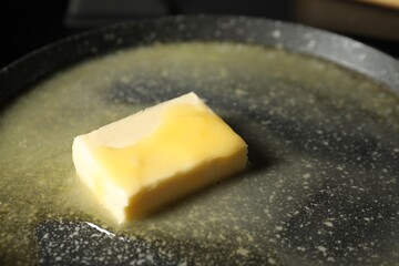 Melting butter in frying pan, closeup view