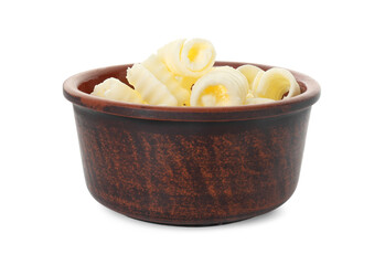 Tasty butter curls in bowl isolated on white