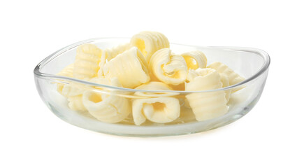 Tasty butter curls in bowl isolated on white