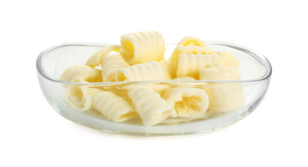 Tasty butter curls in bowl isolated on white