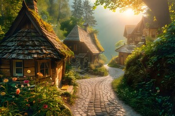 Fototapeta premium Scenic Magical Village Morning View – Stock Photography for Picturesque Landscapes, Quaint Village Scenes, and Serene Sunrise Moments