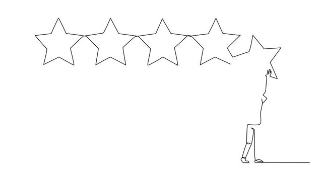 Animation of continuous one line drawing young man stood holding up a star with both hands and pasting it up to make 5 stars in a row. Give the best review. Online shop. Full length motion