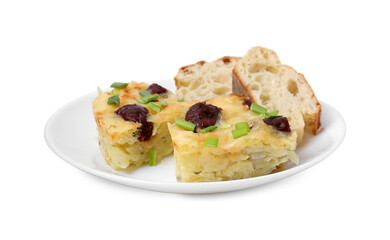 Tasty sausage casserole with green onion and bread isolated on white