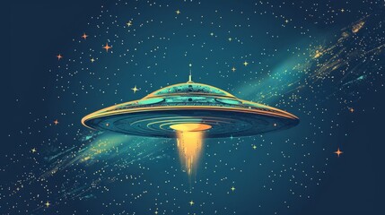 sleek banner design featuring a ufo and stars on a dark blue background, symbolizing ufo world day in a minimalist and illustrative style