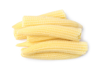 Tasty fresh baby corns isolated on white, top view