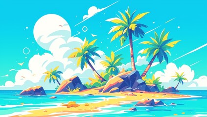 Fototapeta na wymiar A cartoon beach scene with palm trees and rocks in the background, depicting a tropical island