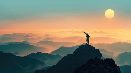 A silhouette of a person standing on top of a mountain looking out into the distance with a...