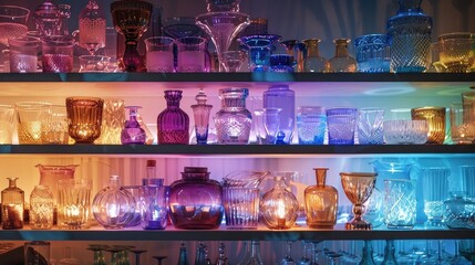 A shelf full of glass vases and glasses, some of which are lit up