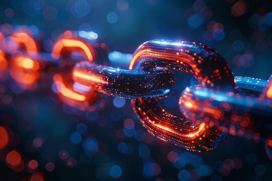 Bring the concept of blockchain technology to life through a low-angle view painted with a mix of vibrant digital colors and metallic accents Show the robustness and interconnected