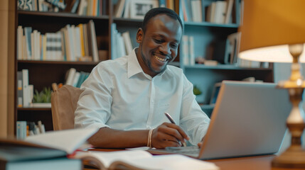 Happy satisfied African freelance business man doing accounting job at home, checking financial reports, bills, tax invoices, counting profit, income from investment, using online bank app on laptop