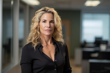 A woman with blonde hair and a black shirt stands in front of a wall