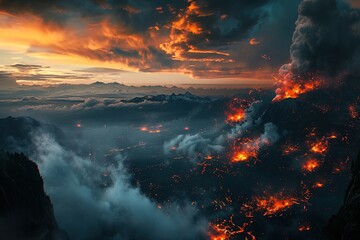 A fiery landscape with a volcano in the background