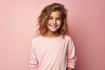 Fototapeta premium A young girl is smiling and wearing a pink shirt