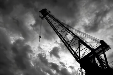 Black and white image of a silhouette of a crane against a cloudy sky