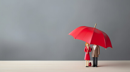 Wooden family figures under umbrella .Insurance coverage concept.