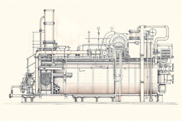 Stylized vector illustration of an old oil refinery. Detailed drawing.