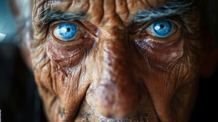 portrait photography, a captivating image of an older individual with bright blue eyes, embodying the tales and experience etched on their face